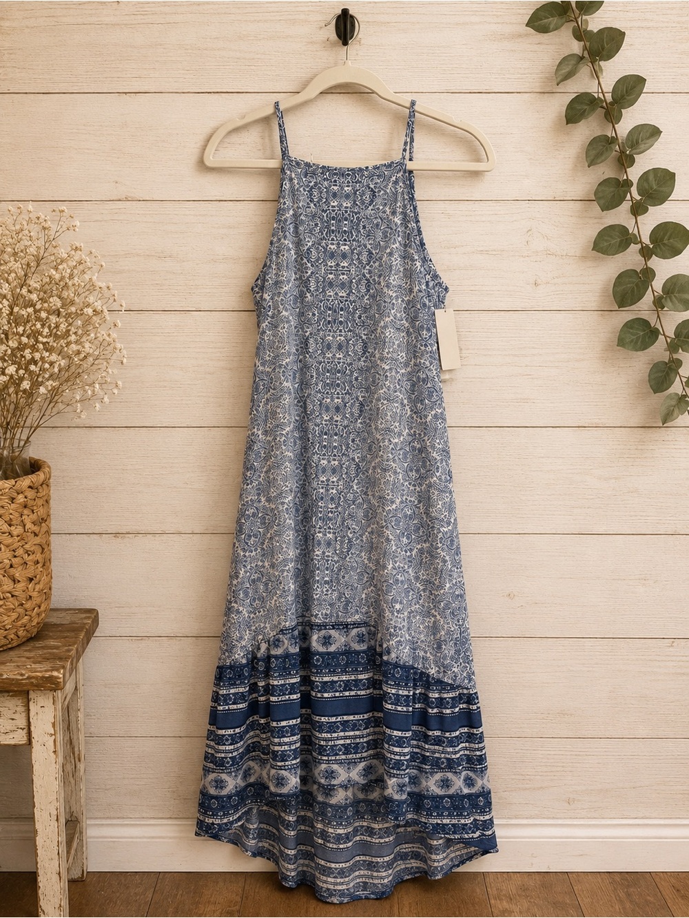Knox Rose Blue Printed Asymmetrical Maxi Dress